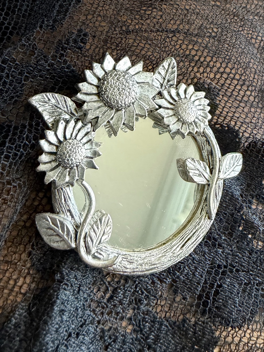 Silver (Heavy) Sunflower Floral Mirror Brooch